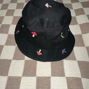 Black Mushroom Embroidered Kids Bucket Hat